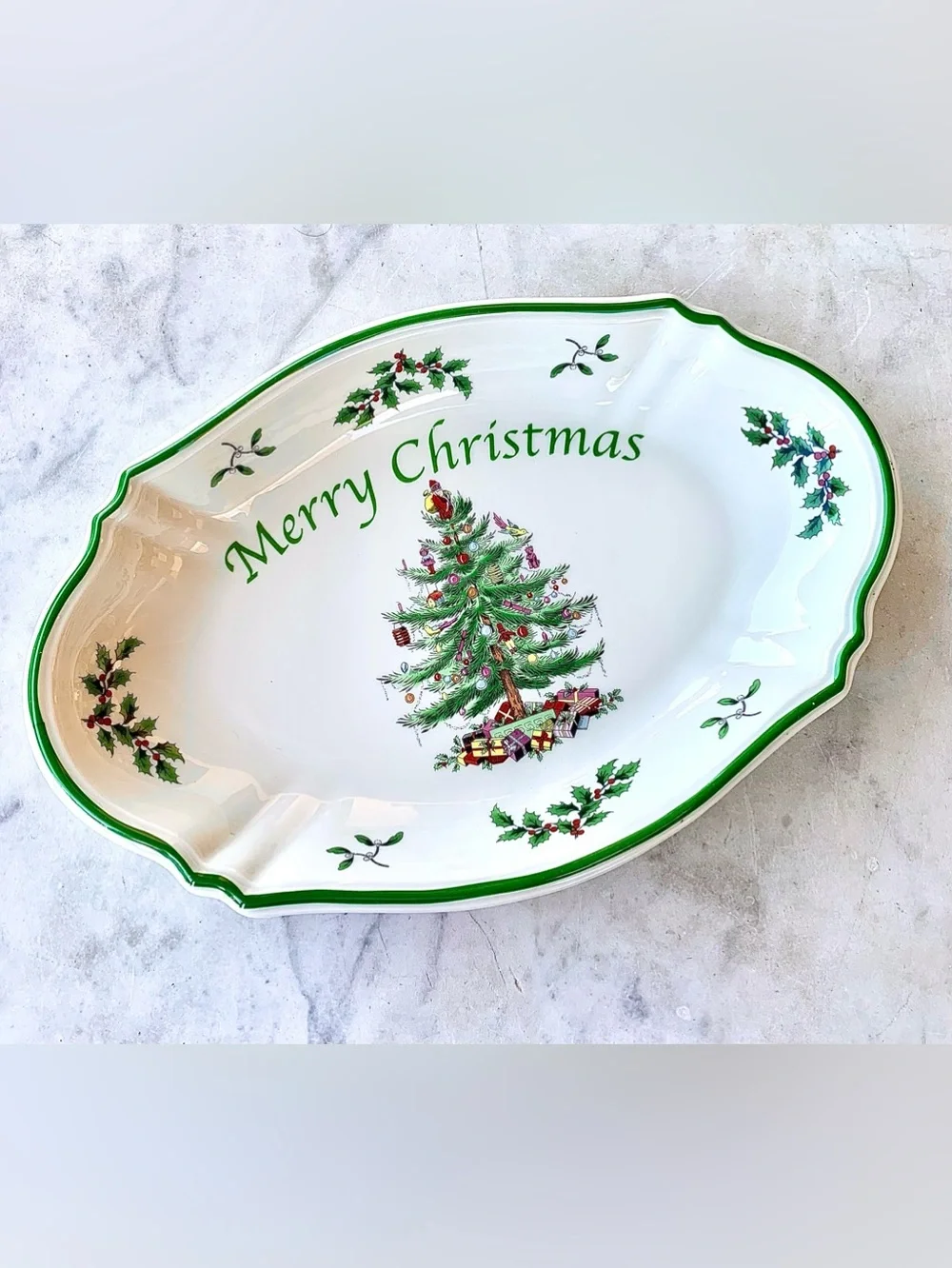 SPODE CHRISTMAS TREE OVAL MERRY CHRISTMAS TRAY PLATTER NEW GREEN GIFTS TOYS